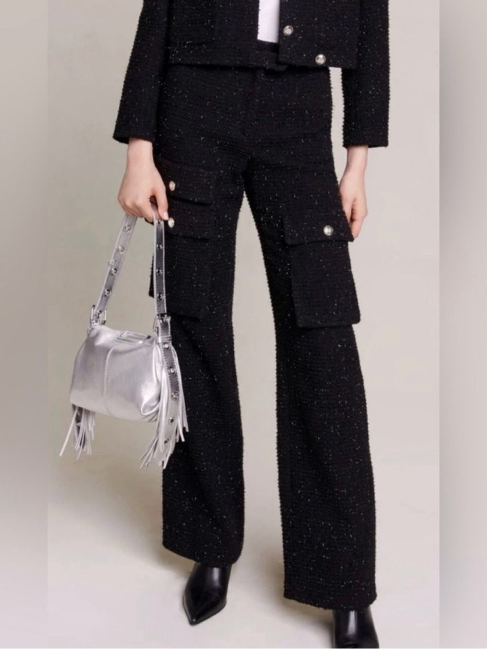 Maje Black Tweed Wide-Leg Cargo Pants with Pearl Buttons